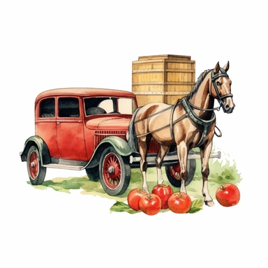 a beautiful horse carrying tomatoes, watercolor clipart & clip art, in the style of light red and dark gray, narrative paneling, classic american cars, uhd image, hand lettering, depiction of rural life, wood