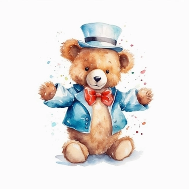 cute teddy bear in circus costume watercolor illustration, in the style of watercolor illustrations,funny, energetic,ben wooten style, full body,sharp focus throughout, aquarellist, charming illustrations, illustration, painted illustrations, transparency and opacity,isolated white background, clipart most popular on etsy, book illustration, featured on dribble,print on demand image, PNG tranparent background,composition medium shot, no text