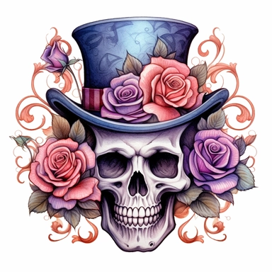 Skeleton, wearing top hat, gothic roses, watercolor, clipart elements, smooth gradients, black contour outline, ultra detailed, white background, super clear, high quality style by Lucy Fleming, watercolor, smooth gradients, black contour outline, ultra detailed, clipart elements, delicate pastel colors, solid white background, super clear, high quality