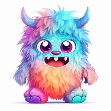 whimsical kawaii chibi fluffy colorful monster with big eyes, big teeth cartoon clipart on white background with margins, watercolor, icon, sticker, vivid colors, full colors, and details, 32k, 3d