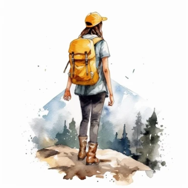watercolor hiking girl on mountain clipart, isolated on white background