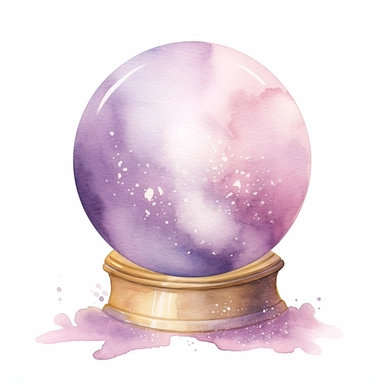 Crystal Ball, in the style of watercolor illustrations, pink and gold, soft lilac, magical and mystical, galaxy elements, modern minimal watercolor, on white background, clipart