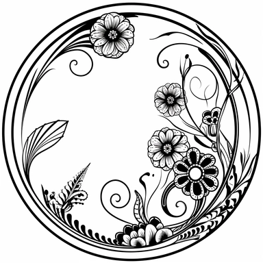 Left aligned, bottom aligned, quarter of a circle, art nouveau style, black lines, detailed, flat design, flat flowers and bird, white background, clipart style, black and white,