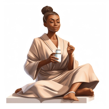 illustration Clipart actionpose of brown skin woman sitting, having a spa day, wearing a spa robe with spa clay on her face, hyperrealistic