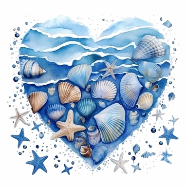 the beach blue waves has heart, couple, snails, starfish..., Watercolor Clipart, details