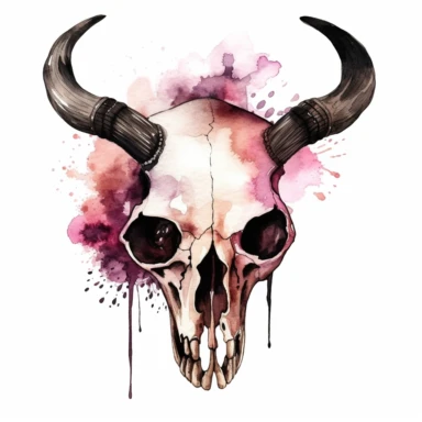 Vintage Halloween animal skull with horns, dark pink and black color, watercolor, clipart, illustration, white background no watermarks