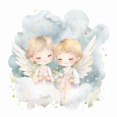 A watercolor painting of two little angels sitting on a cloud.
