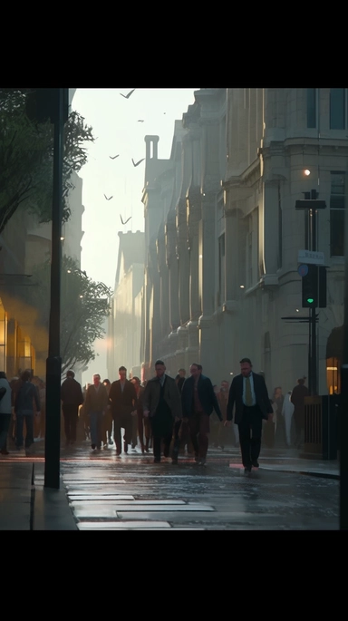 Wide shot of few people walking in city street, camera focus, camera shot, film clip, sparkling image. The picture has a dynamic rhythm, beautiful light and shadow, high saturation, oil painting texture, atmosphere, villagecore, cabincore, realistic fantasy art, soft and dreamy depiction, 8k, ultra high definition, symmetrical composition, details, harmonious image