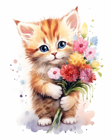 Watercolor baby cat holding a bouquet of wildflowers clipart, standing on the ground, childlike innocence and charm, big and adorable eyes, cute and charming expression, funny and floppy two ear, rosy cheeks, shy cat, foreboding colors, valentines day themed, white background, loose brushstrokes, loose detail