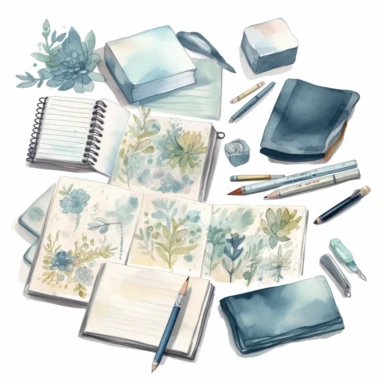 watercolor, hyper realistic, no background, have margins, 8k, ultra detailed clipart, no text, no logo, no trademark a notepad and a collection of sticky notes with soft blue accents, ready to use for jotting down ideas and reminders