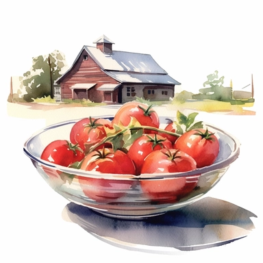 tomatoes in a glass bowl, watercolor clipart & clip art, in the style of light red and dark gray, narrative paneling, classic american cars, uhd image, hand lettering, depiction of rural life, wood fence clipart