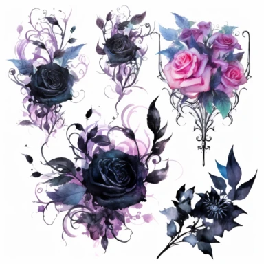 Step into a world where the ethereal beauty of watercolors meets the dark allure of Gothic aesthetics. Create an extraordinary collection of Gothic floral arrangements in clipart form, each brushstroke capturing the delicate balance between light and shadow. Infuse the artwork with elements inspired by Gothic literature and art, intertwining roses, thorns, and dark foliage with intricate details like antique keys, winding vines, and elegant candelabras. Choose a vivid color palette that juxtapos