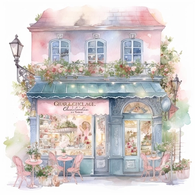 commercial illumination of watercolor clipart of magical cute realistic french cafe small and vivid pastel colors,ultra realisitc with flowers and butterflies, starry night, high quality watercolor style clipart, intricate design, clipart witchcore dreamcore cottagecore white background no text, isolated on white, ghibli style, award winning
