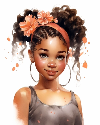 a little melanin girl portrait in watercolor Disney style clipart on white background, hugh eyes, sarah kay, holly hobbies, valentines day