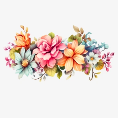 watercolor, Horizontal white banner or floral backdrop decorated with gorgeous multicolored blooming flowers and leaves border. Spring botanical png Full body realistic cartoon in 32K UHD cute. 15 cm thick outline. Black color. There was no shadow on the ground. 8k with realistic watercolors and detailed illustrations. PNG clipart, transparent white background