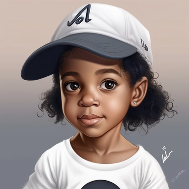 a drawing of a curious little black girl about 4 years old wearing a baseball cap and tshirt, black girl fantasy, cartoon illustrations, vector clipart, in the style of 32k uhd, lilia alvarado, walt disney, depictions of aristocracy, childlike, photorealistic details, white background