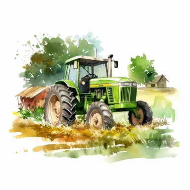 detailed watercolor green tractor on farmland in summer clipart