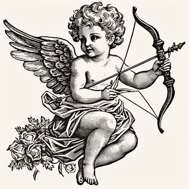a woodcut vector tattoo drawing of a cupid with a lips shaped bow and arrow, an engraving, pexels, baroque, wide angel shot, photostock, tilt up angle, clipart, top down shot, stippling, harness, asmodeus, perfect angle, male, flying shot. cupid clipart vector free stock vector and royalty free image, in the style of renaissance realism, detailed cross-hatching, aerial view, trompe-l'œil illusionistic detail, romanticized nostalgia, high quality photo, detailed engraving