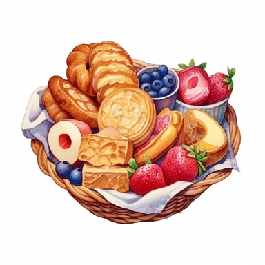 watercolor bread and biscuits in basket illustration in watercolour, in the style of lively illustrations, elaborate fruit arrangements, creative commons attribution, furaffinity, full body, biblical iconography, isometric Clipart desert cartoon t-shirt graphic, vector,contour, isolated on a white background