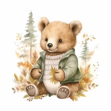 little baby, brown bear,neutral nursery art,cute bear, baby clothes, cotton clothes,intricate,disney, baby light green,baby light blue, baby light ocher,hairy, cotton, beautiful trees,enchanted Forest,realism, watercolor painting, enchanted Forest, solid background, white background, vintage outfit, oil painting, photobashing, tattoo design,clipart--v 5.1