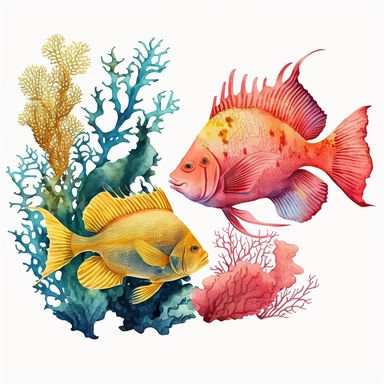 vintage colorful watercolor coral reef clipart of red lobster and yellow flounder transparent background
