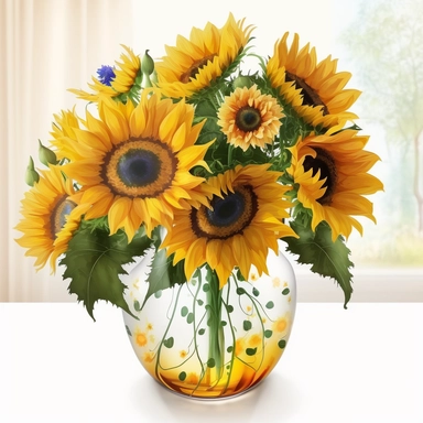 clipart illustration of watercolor sunflowers in a decorative glass vase, vector, all white background