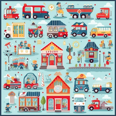 City, police station, hospital, fire department, ambulance, cars flat vector clipart, nursery decor, small child, cute, children room deco