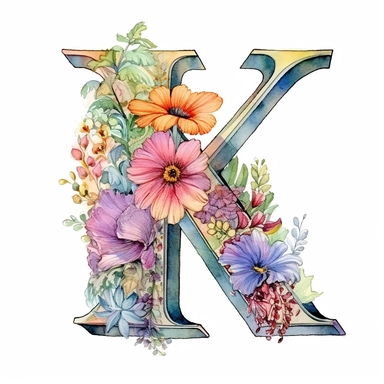 Beautiful Pastel Vintage Flower Alphabet Letter  K  Watercolor and ink Clipart, Cartoon, hyper-realistic, high contrast, intricate detail, illustration style, high solution on the white background