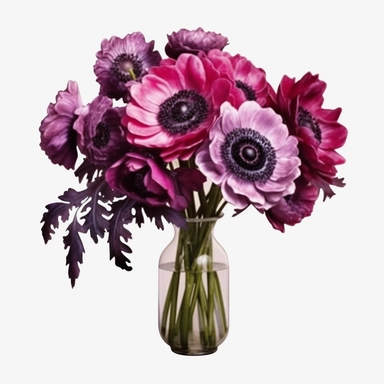 dark Magenta anemone flower bunch, watercolor, clipart, highly detailed, HD, flower bunch in a glass vase