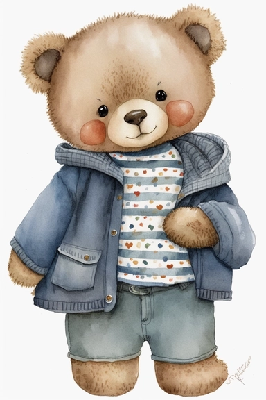 Cute Watercolor Teddy bear boy clipart, wearing clothes, white background