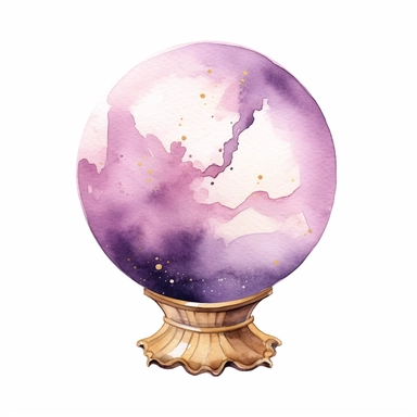Crystal Ball, in the style of watercolor illustrations, pink and gold, soft lilac, magical and mystical, galaxy elements, modern minimal watercolor, on white background, clipart