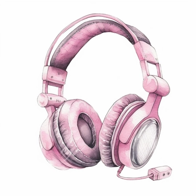 Cute Cartoon Watercolor Pink headset clipart, white background, detailed intricate design in pink pastel colors