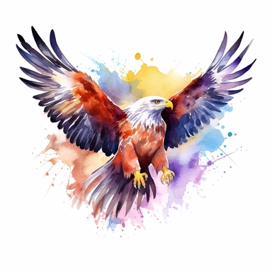 a colorful eagle flying with kind eyes clipart with watercolor illustration,full body shot,8k,etsy style, white background