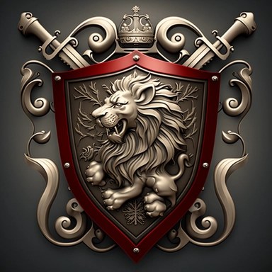 medieval coat of arms, ornate, large, rampant lion, with swords, fantasy, clipart style