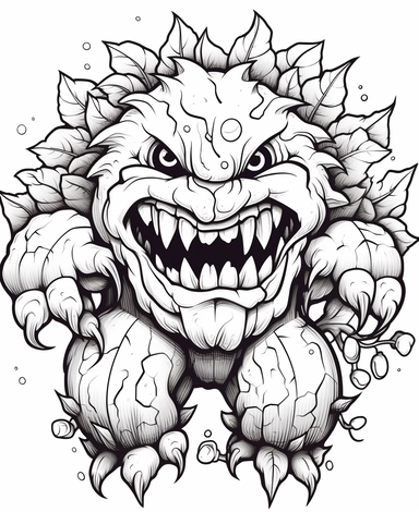 clean black and white coloring page of grape monster, metamof style crisp lines white backgrount no fill, only black marker, low detail vector, clipart,