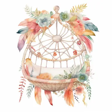 realistic watercolor boho baby Crib Mobile, isolated white background, babyshower clipart, 8k, soft multicolor boho colors