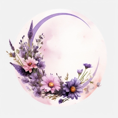 with white background, art Watercolor, rustic Watercolor Lavender and Wildflowers Crescent floral clipart, hd, high detailed, lavender bold purple, playful color, colorful, delicate petals, pastel, muted, soft, subtle, romantic, dreamy, ultra details, high resulution, dynamic lighting, rendering, photo realistic, lightroom gallery, cinematic lighting