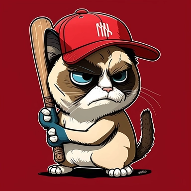 grumpy cat wear red baseball hat, hold baseball bat, clipart, vector, cartoon