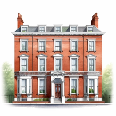 Isolated images, illustrations on a white background, facing front, elevation view, Georgian red-brick four storey terraced house on Merrion Square Dublin Ireland, Clipart, watercolor, realistic, isolated, full building, highly detailed, hdr, 32K, photo expert quality, watercolor realistic, hyperrealistic and highly detailed, isolated on a white background