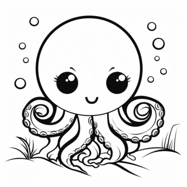 a very simple black and white coloring page for toddlers 2 to 4 years old of Octopus flat art clean vector art clipart
