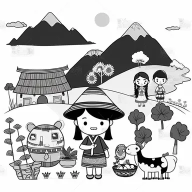 Landscape, simple, traditional costume, local food, animal, educational, history, and cultural diversity, clipart style, cute, picture book style, captivating, kid friendly cute character, black and white, coloring book, not color style, cartoon style, vector image, simple, line art style, character, white background, no noise, crisp thick lines, outline art, more white than Black