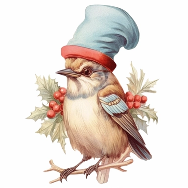 cliparts of birds with christmas hats, vintage illustration, pastel colors, in Pierre Redouté style, isolated on white background