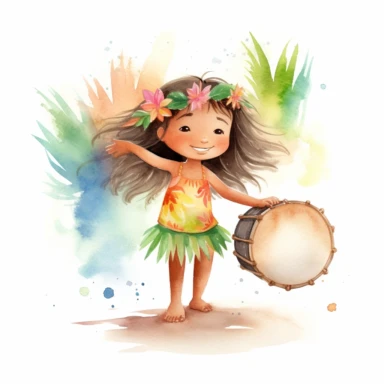 watercolour, adorable little hula dancer, she is 4 years old, dancing and playing a Hawaiian looking little drum, clipart