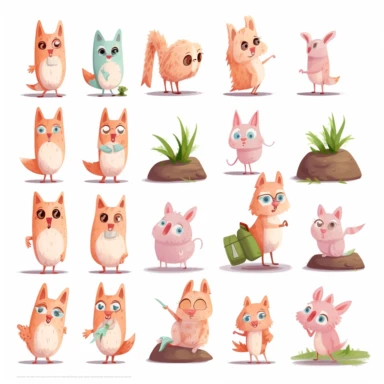 fred the baby llama, llama baby character, 12 poses and multiple expressions, pink fur, light brown skin, likes to chew grass, bipedal, children's book illustrative style clipart, flat colours, high resolution, consistent character, full colours,