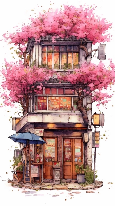 Very very cute and Whimsical quirky Jazzy coffee shop, building corner, cherry tree blossom, Raining colorful, Watercolored illustration in the style of Michael Powell, clipart, city vibe background - 8K