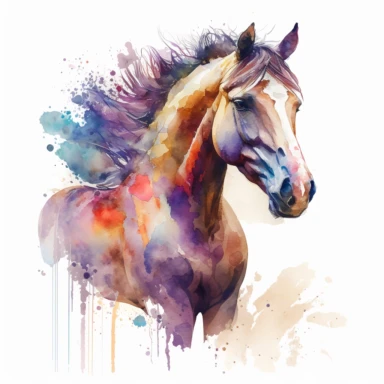 a watercolor clip art style portrait of a horse. The horse should be positioned at a three-quarter angle with its head turned slightly towards the viewer. Use bright, vibrant colors and loose, flowing brushstrokes to create a sense of movement and energy. Include details such as the horse's mane and tail, and add a subtle background of abstract shapes to enhance the composition.