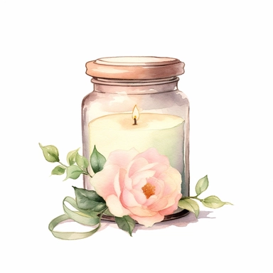watercolor, hyper realistic, white background, white margins, 16k, ultra detailed clipart, cut out image, hand-drawn A vintage-style clipart featuring a scented candle jar, exuding a warm glow and emitting a fragrant aroma.Use soft and muted colors such as dusty rose, antique gold, lavender, and sage green for a vintage-inspired palette.