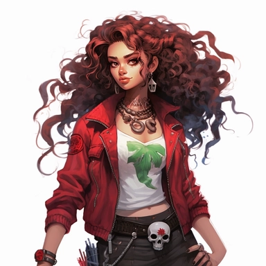 Disney princess moana, curly brown rocker hairstyle, red leather jacket over a ripped red top and white skirt, green stone necklace, skulls, gothic style, rock style, clipart, white background, by Kawacy