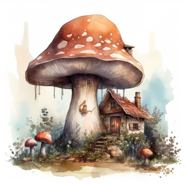 beautiful watercolor image of mushroom home clipart