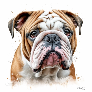 cute English Bulldog dog portrait, full face, centered shot, side shot, dynamically posed, in action, playful mood, happy mood, playing mood, cute face, adorable smile, childlike eyes, clean watercolor illustration, white background, nursery baby imagery, painting, detailed, 8k, PNG, clipart,